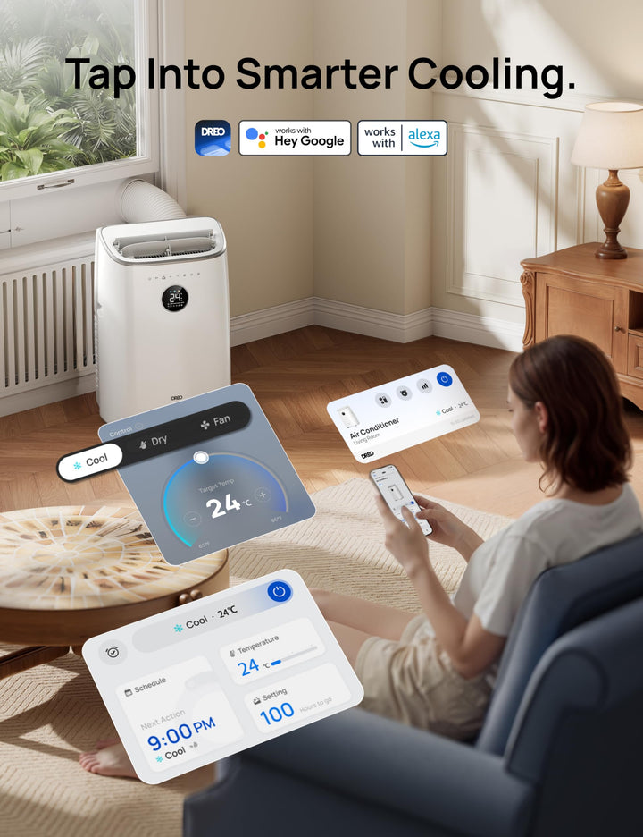 High-performance smart portable AC, with quiet cooling, dehumidifying, and fan functions for superior home comfort.
