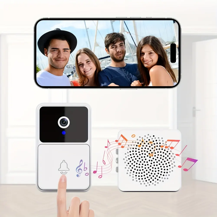 Smart wireless video doorbell camera with night vision, featuring sleek design and HD lens for enhanced home security.