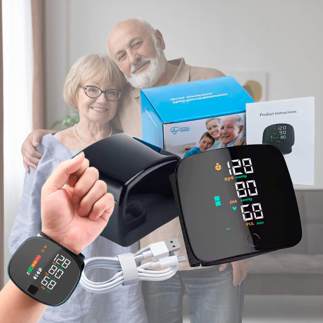 "Smart wrist blood pressure monitor with LCD, voice alerts, compact design, ideal for health & wellness monitoring."
