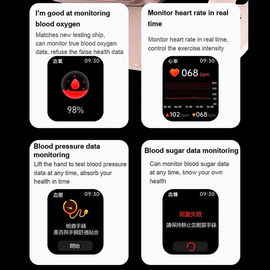 Smartwatch with sleek design for non-invasive glucose monitoring, fitness, heart, and sleep tracking, black and gold options.