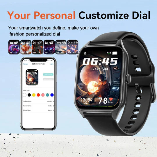 Smartwatch with sleek design for non-invasive glucose monitoring, fitness, heart, and sleep tracking, black and gold options.