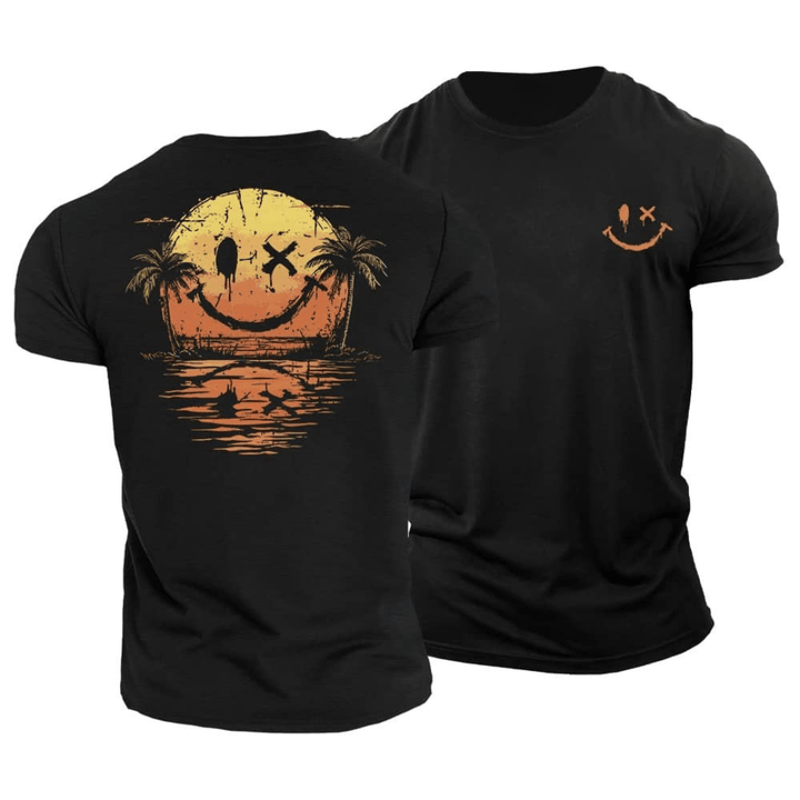Vibrant men's smiley face graphic tee, ideal for summer fashion, beach outfits, and casual everyday wear.