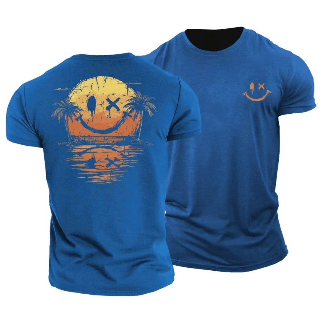 Men's casual graphic t-shirt with a playful smiley face, perfect for summer beachwear and relaxed outfits.