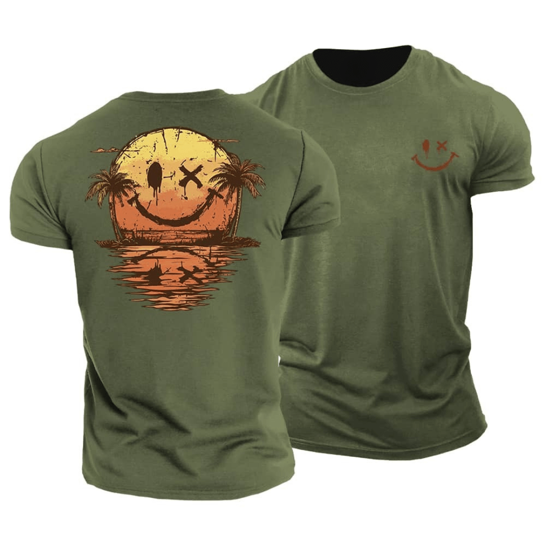 Men's novelty graphic t-shirt featuring a cheerful smiley design. Stylish men's apparel for summer beach trips.