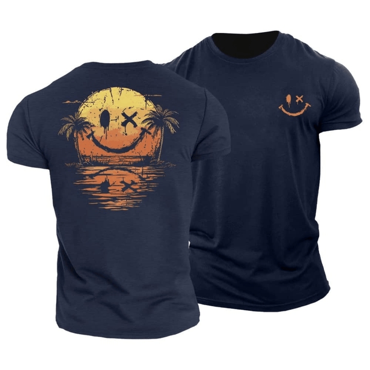 Relaxed fit men's summer t-shirt with a fun smiley graphic. Soft cotton casual tee, great for beach & holiday.