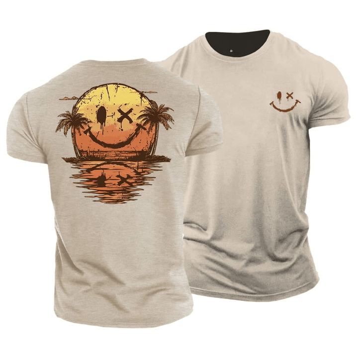 Men's casual summer smiley graphic t-shirt, perfect for beachwear & vacation. Relaxed fit, colorful design.