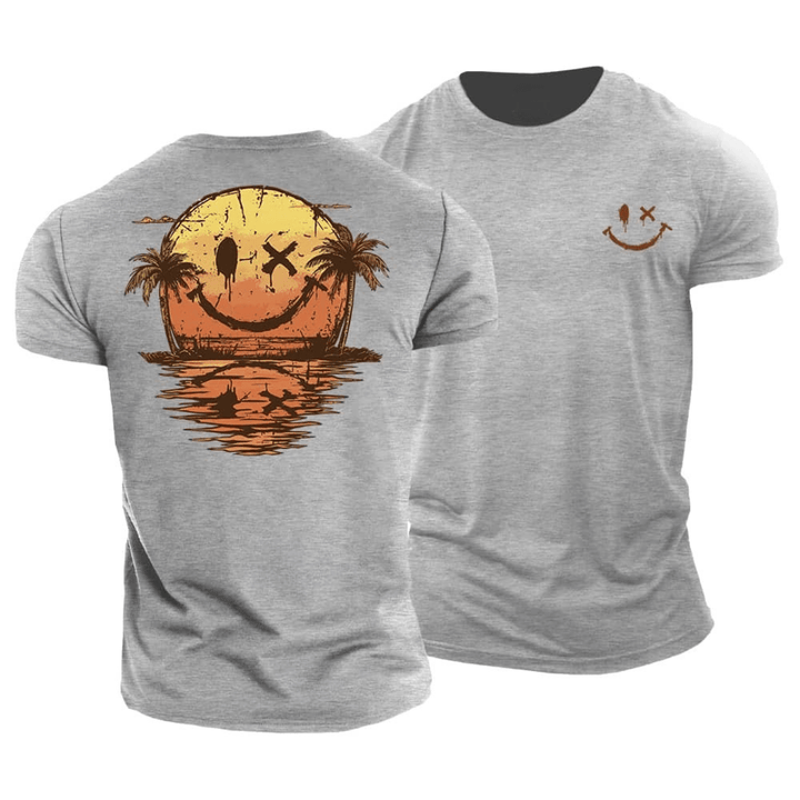 Bright, colorful men's smiley t-shirt, a cool casual tee for summer, beach days, and vacation fashion.