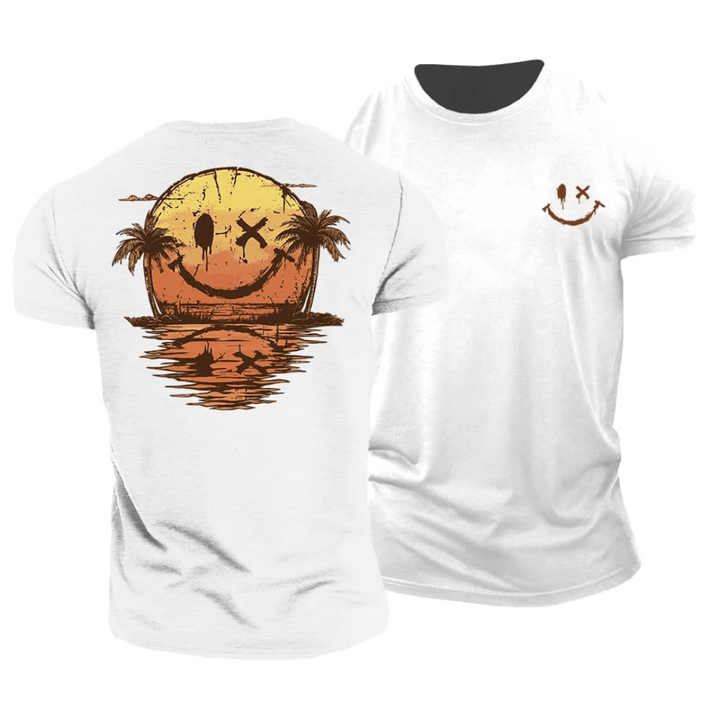 Stylish men's summer beach t-shirt with a unique smiley graphic. Perfect casual top for vacation & outdoor fun.