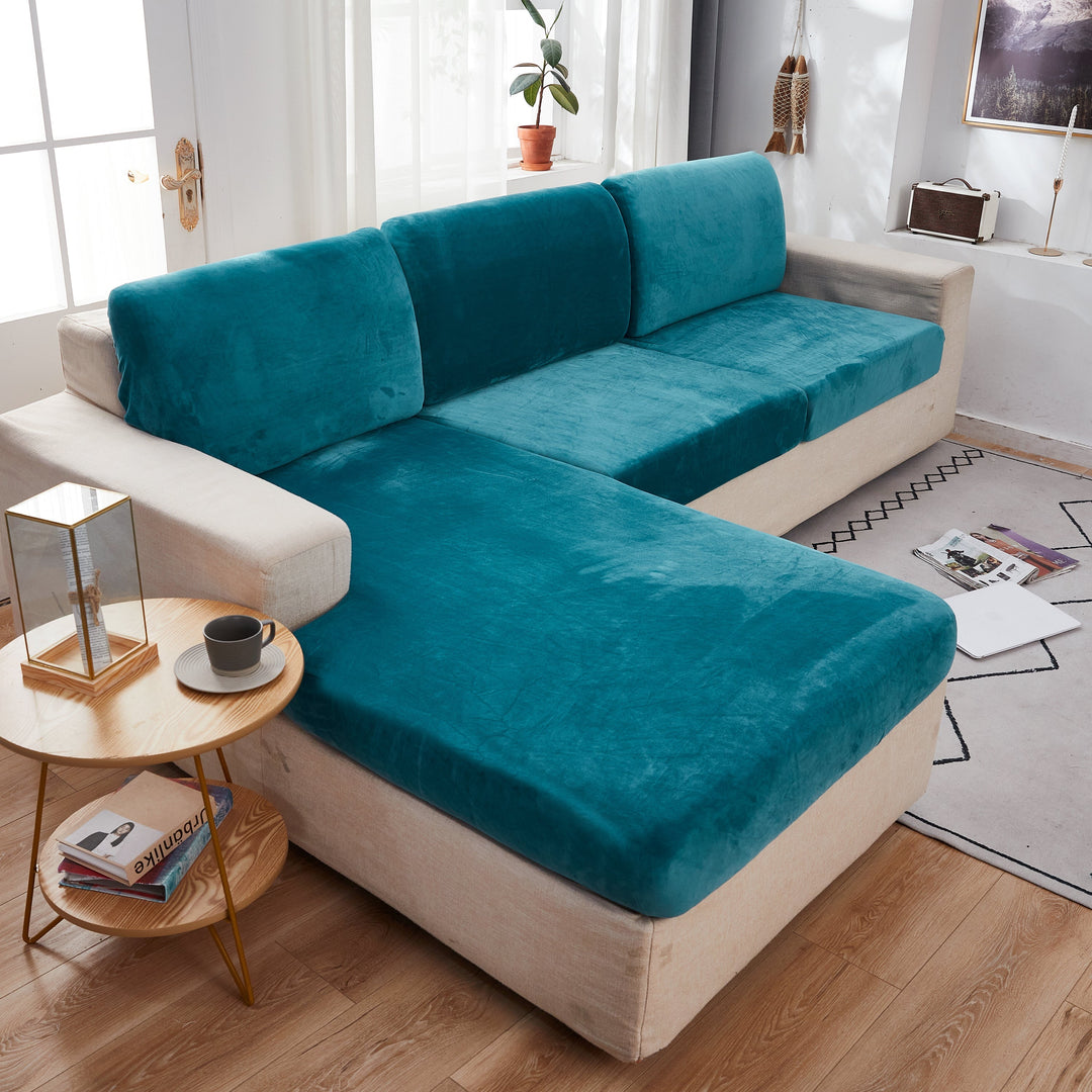 "Smoke velvet sectional sofa cover, snug fit, enhances decor, protects against stains and wear, ideal for pet-friendly homes.