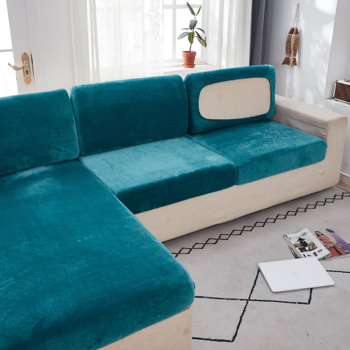 "Smoke velvet sectional sofa cover, snug fit, enhances decor, protects against stains and wear, ideal for pet-friendly homes.