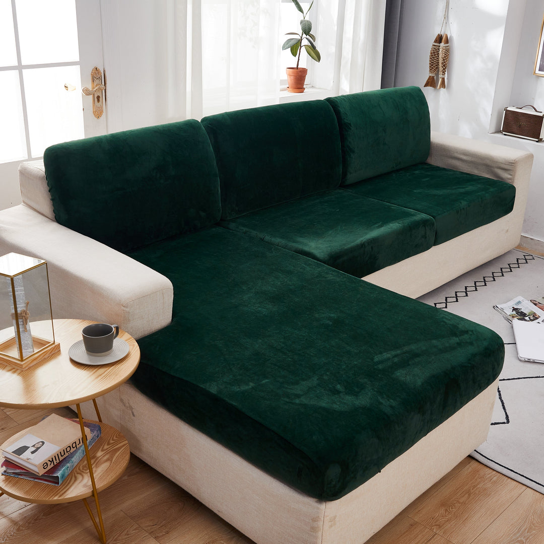 "Smoke velvet sectional sofa cover, snug fit, enhances decor, protects against stains and wear, ideal for pet-friendly homes.