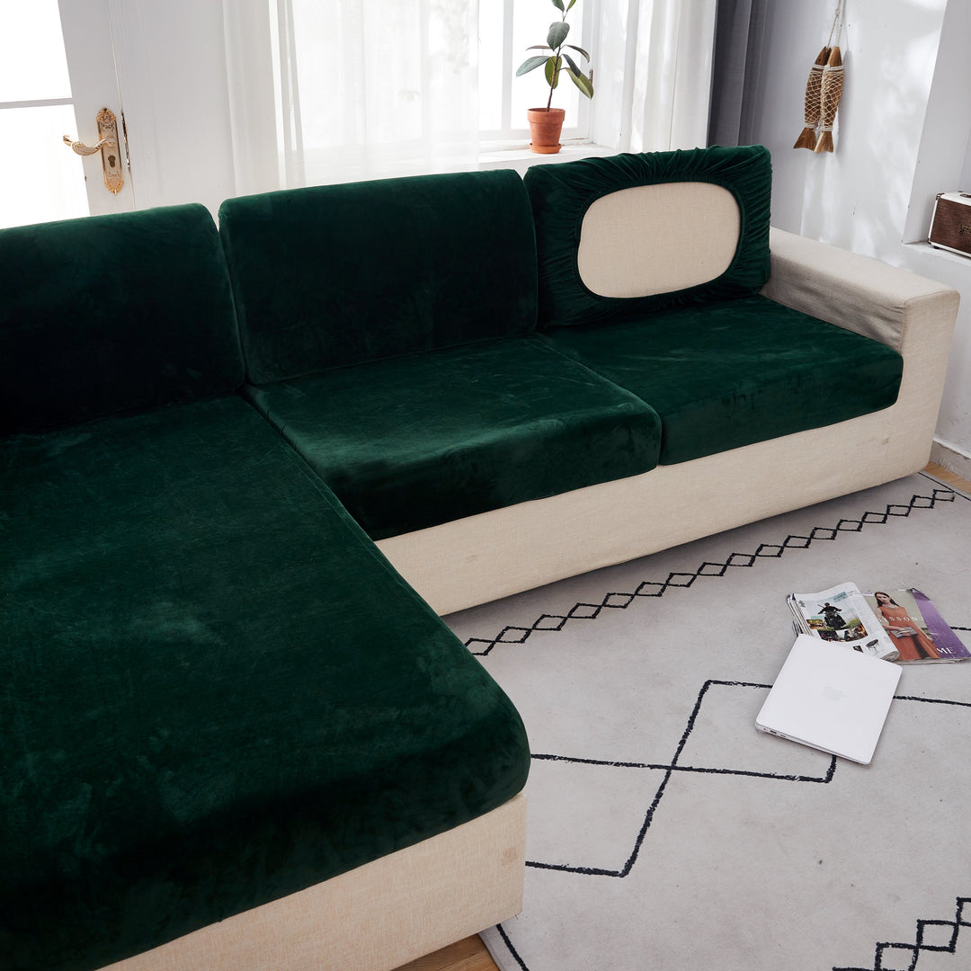 "Smoke velvet sectional sofa cover, snug fit, enhances decor, protects against stains and wear, ideal for pet-friendly homes.