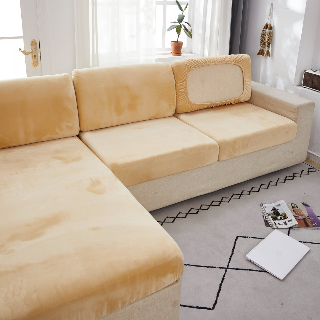 "Smoke velvet sectional sofa cover, snug fit, enhances decor, protects against stains and wear, ideal for pet-friendly homes.