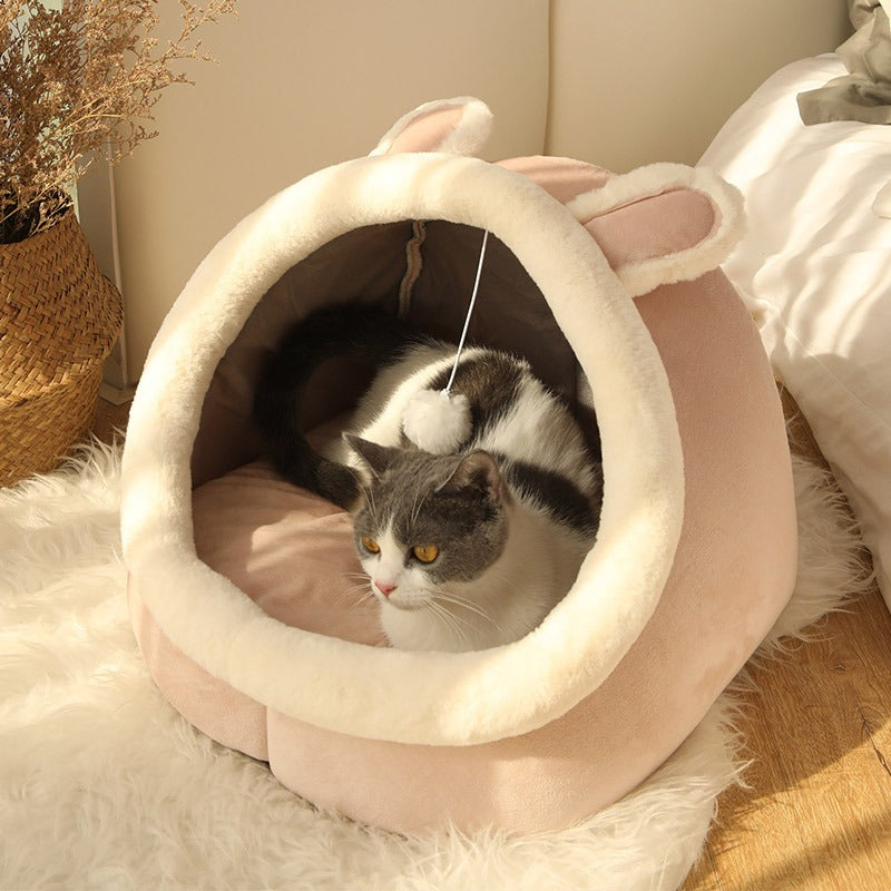 Cat's Cozy Retreat PawCave, a versatile pet cave & play house for indoor cats. Plush pet furniture.