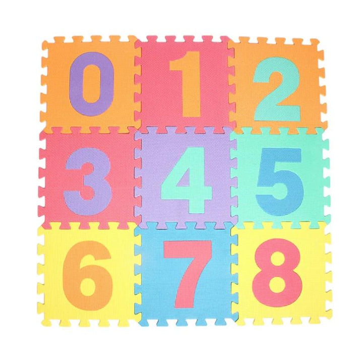 Soft EVA foam interlocking puzzle play mat, 10-piece set for kids' safe playtime & nursery decor.