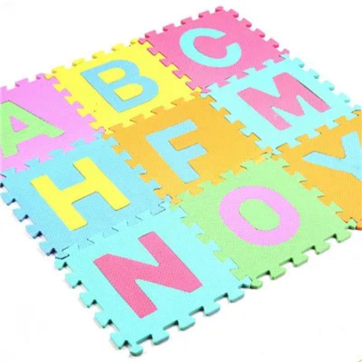 Kids' safe EVA foam puzzle play mat with 10 interlocking tiles for baby play, activity & soft flooring.