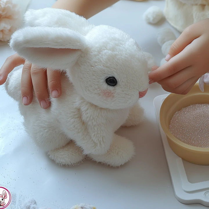 Cuddly interactive plush bunny. A soft lifelike baby toy and comfort animal, perfect as a gift for kids.