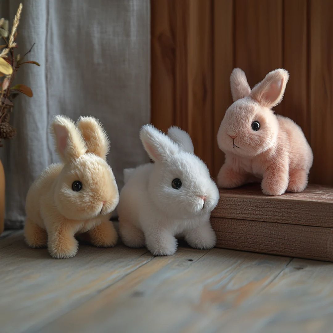 Lifelike interactive bunny plush, a soft decorative animal. Great as a children's playmate and room decor.