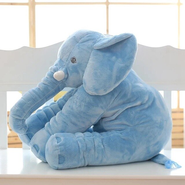 Cuddly gray plush elephant pillow, a soft baby toy and comforting gift for kids' nurseries.