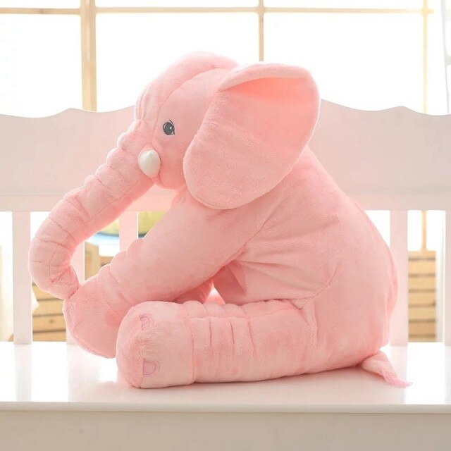 Large gray plush elephant hug pillow, a soft cuddly toy and cozy comfort pillow for children's rooms.