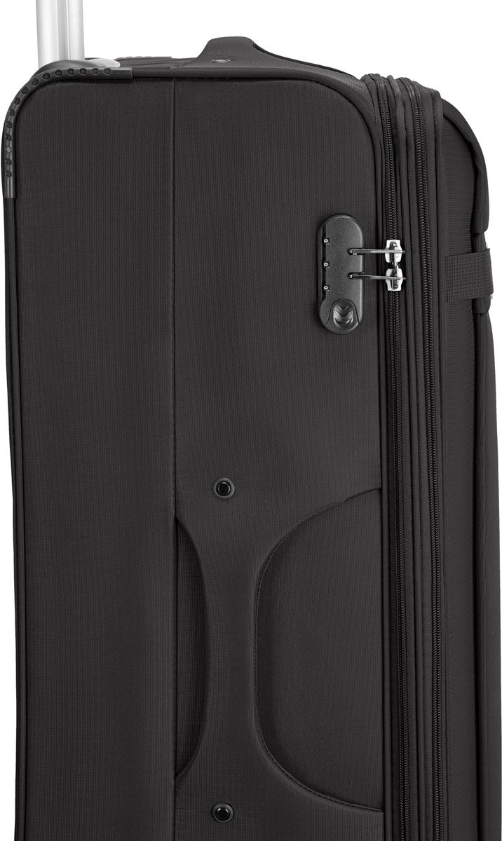 Durable soft shell carry-on luggage with smooth spinner wheels for effortless airport navigation.