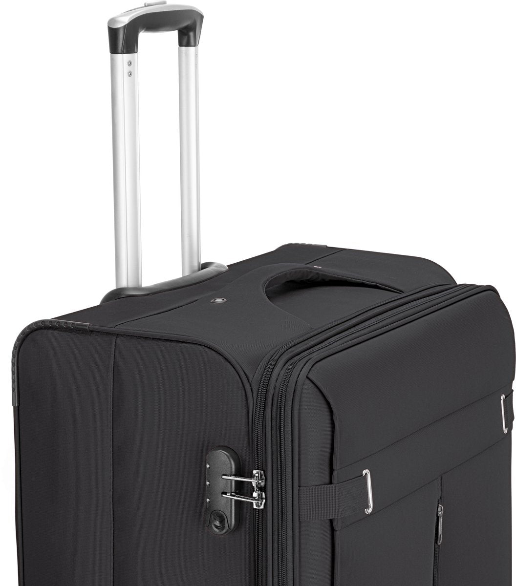 Compact soft shell suitcase, ideal cabin bag for short trips. Features TSA-approved lock.