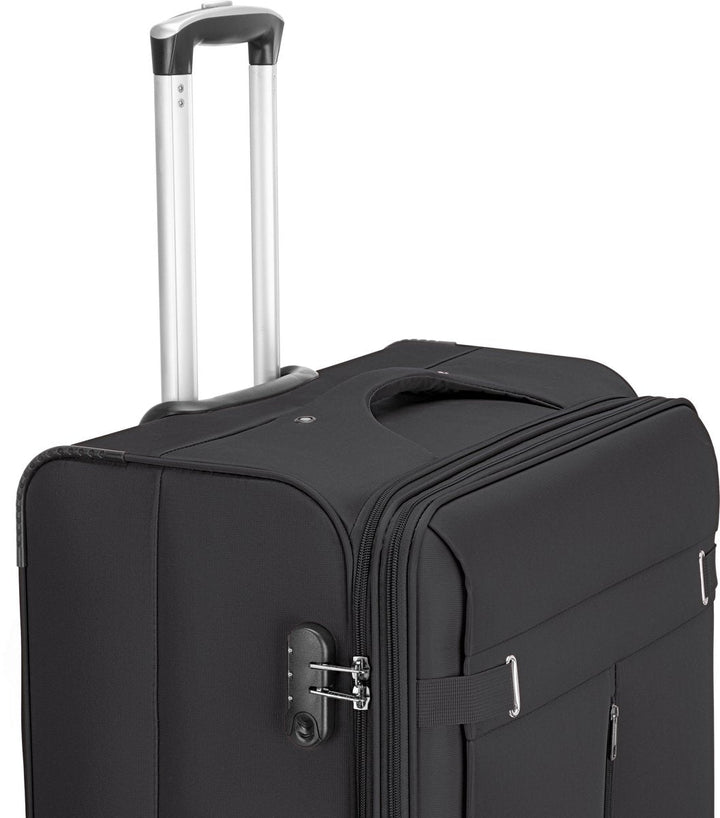 Compact soft shell suitcase, ideal cabin bag for short trips. Features TSA-approved lock.