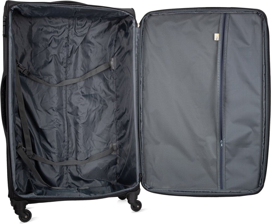 Ergonomic handle & robust wheels on this soft shell carry-on bag, ensuring smooth travel.