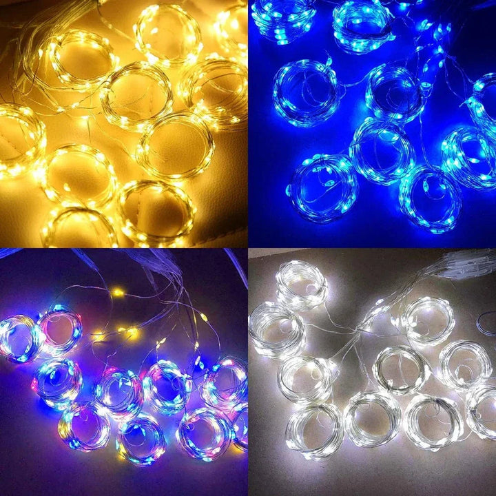 "Solar LED curtain light with copper wire, ideal for events, featuring warm white LEDs and solar power, outdoor use."