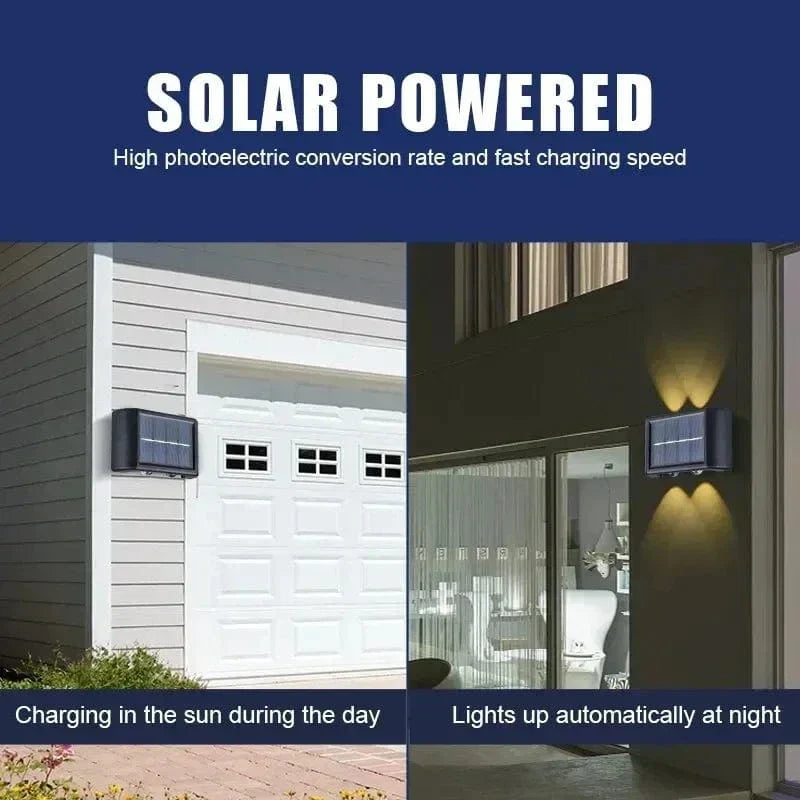 Solar LED Outdoor Wall Light, IP65 waterproof, warm white glow, durable ABS, eco-friendly for gates, doorways, patios.