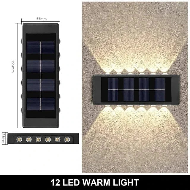 Solar LED Outdoor Wall Light, IP65 waterproof, warm white glow, durable ABS, eco-friendly for gates, doorways, patios.