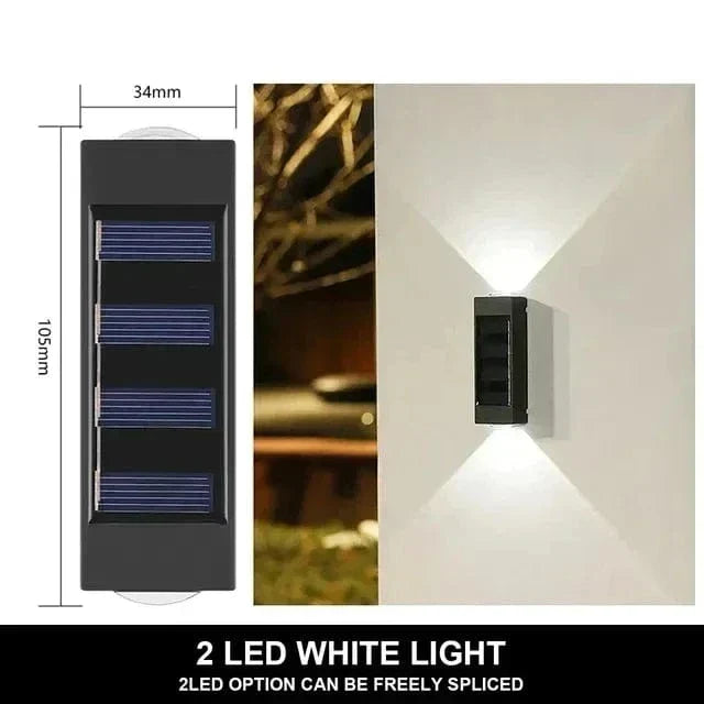 Solar LED Outdoor Wall Light, IP65 waterproof, warm white glow, durable ABS, eco-friendly for gates, doorways, patios.