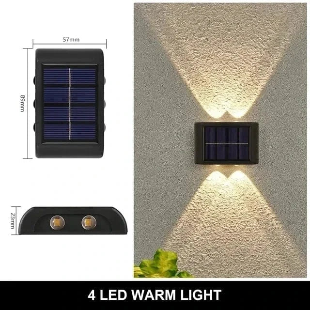 Solar LED Outdoor Wall Light, IP65 waterproof, warm white glow, durable ABS, eco-friendly for gates, doorways, patios.