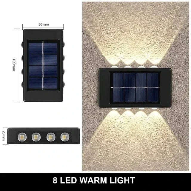 Solar LED Outdoor Wall Light, IP65 waterproof, warm white glow, durable ABS, eco-friendly for gates, doorways, patios.