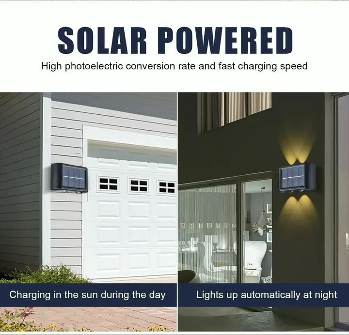 Solar LED Outdoor Wall Light, IP65 waterproof, warm white glow, durable ABS, eco-friendly for gates, doorways, patios.