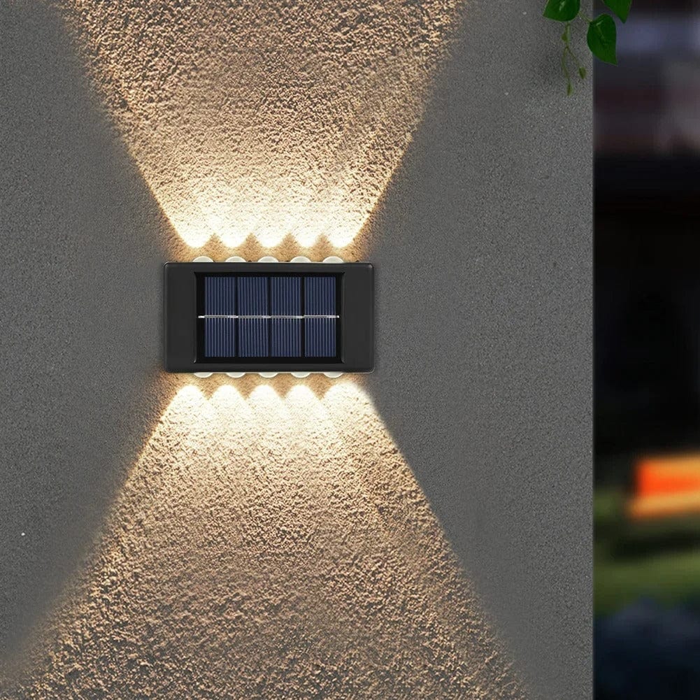 Solar LED Outdoor Wall Light, IP65 waterproof, warm white glow, durable ABS, eco-friendly for gates, doorways, patios.