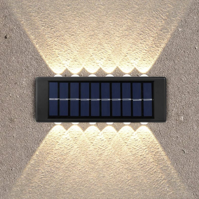 Solar LED Outdoor Wall Light, IP65 waterproof, warm white glow, durable ABS, eco-friendly for gates, doorways, patios.