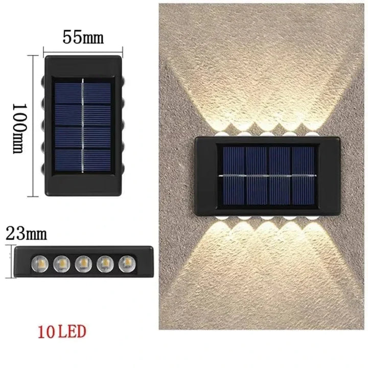 Solar LED Outdoor Wall Light, IP65 waterproof, warm white glow, durable ABS, eco-friendly for gates, doorways, patios.