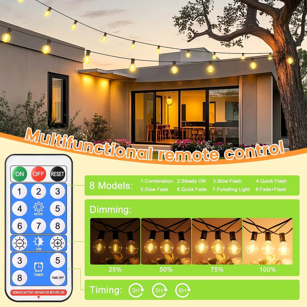Solar LED string lights with dimmable G40 bulbs; perfect for outdoor, patio decor, offering warm glow and adjustable modes.