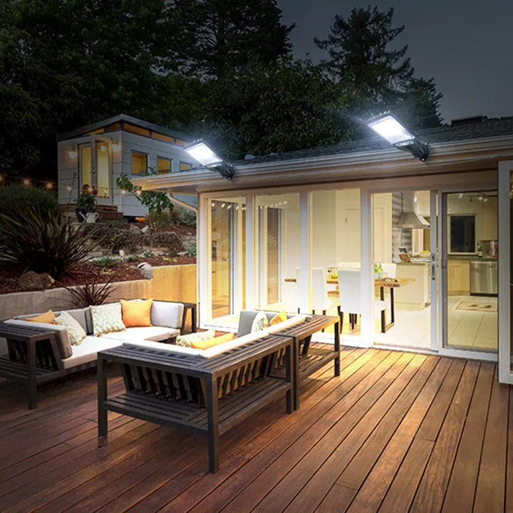 Solar-powered LED street lamp with ultra-bright 6000K LEDs, adjustable modes, motion sensor, and weatherproof IP65 design.