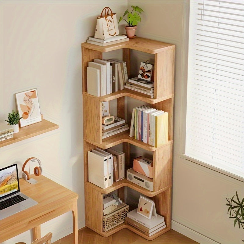 Compact solid wood corner display cabinet with shelves. Space-saving wood furniture for organizing home decor.