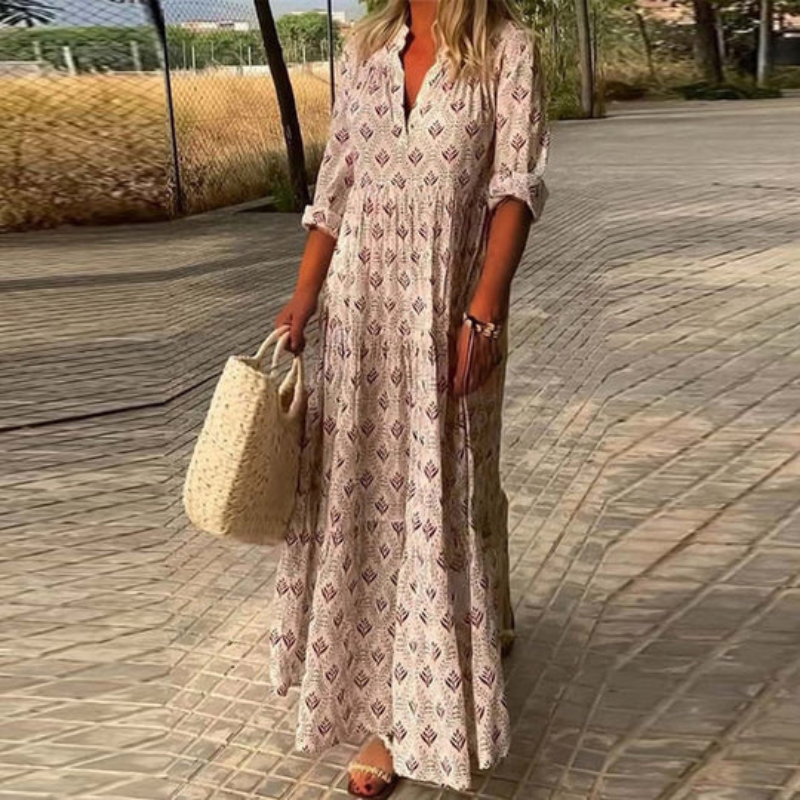 Lightweight women's boho maxi dress. Vibrant, comfortable, ideal for summer, casual outings, or versatile fashion.