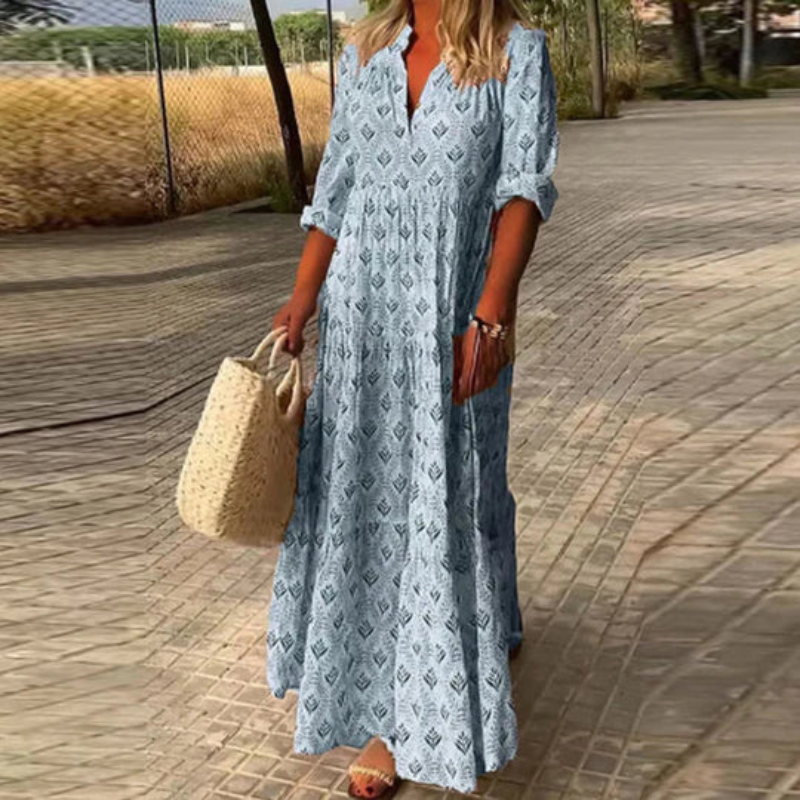 Vibrant women's casual boho maxi dress. Chic and flowy for summer. Comfortable vacation wear, beach, or long dress.