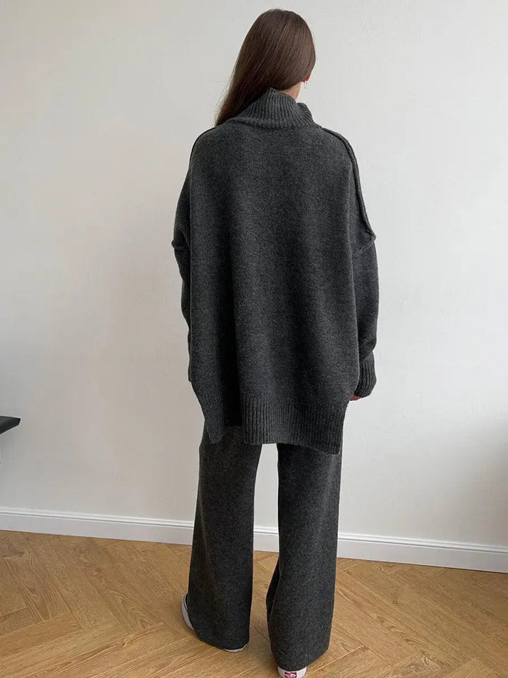 Soft knit women's turtleneck lounge set, a stylish & comfortable two-piece for everyday wear.