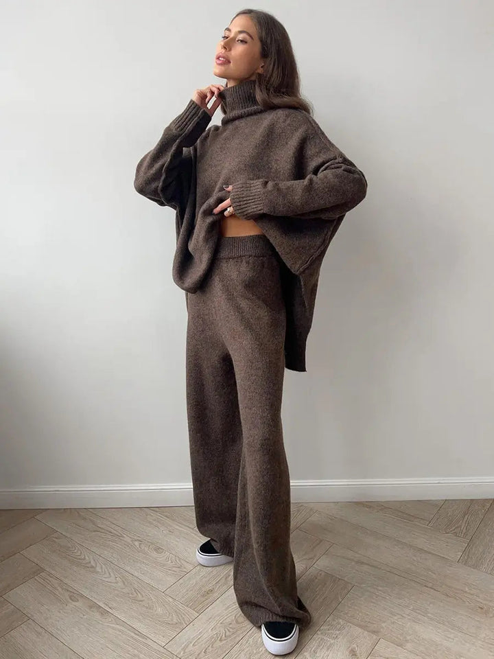 Close-up of a women's relaxed turtleneck lounge set, showing soft fabric & comfortable design.