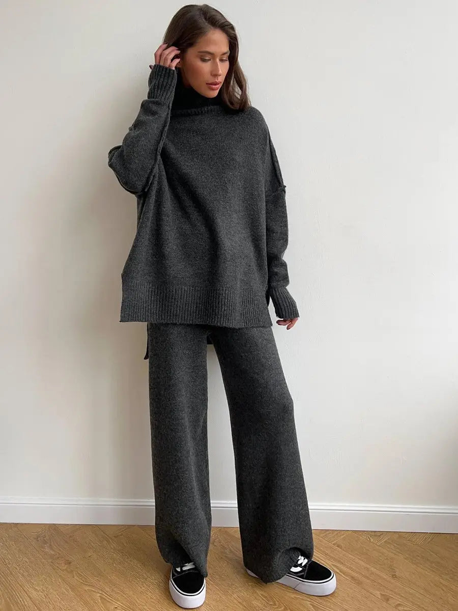 Woman relaxing in a cozy, relaxed turtleneck lounge set, perfect for home or casual outings.