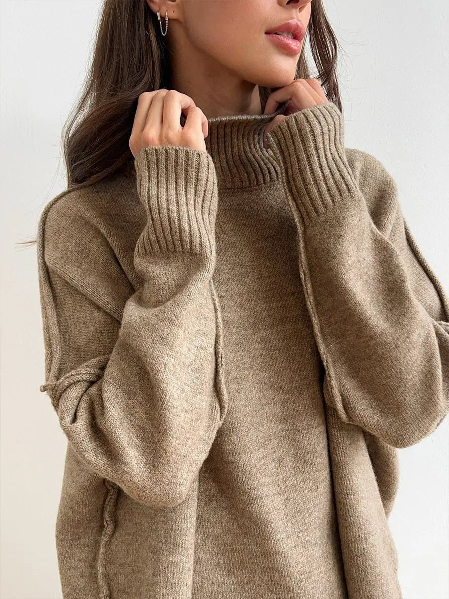 Effortlessly comfortable women's loungewear set; relaxed turtleneck top and wide-leg pants.