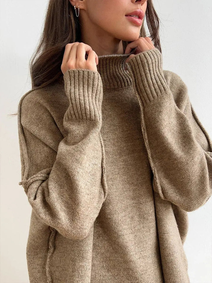 Effortlessly comfortable women's loungewear set; relaxed turtleneck top and wide-leg pants.