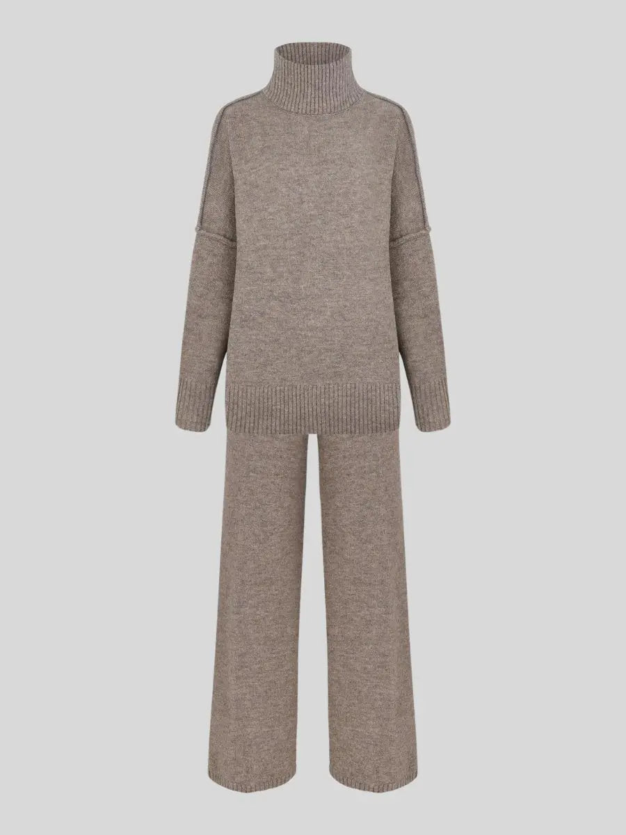 Modern minimalist women's two-piece lounge set, featuring a relaxed turtleneck and wide-leg pants.