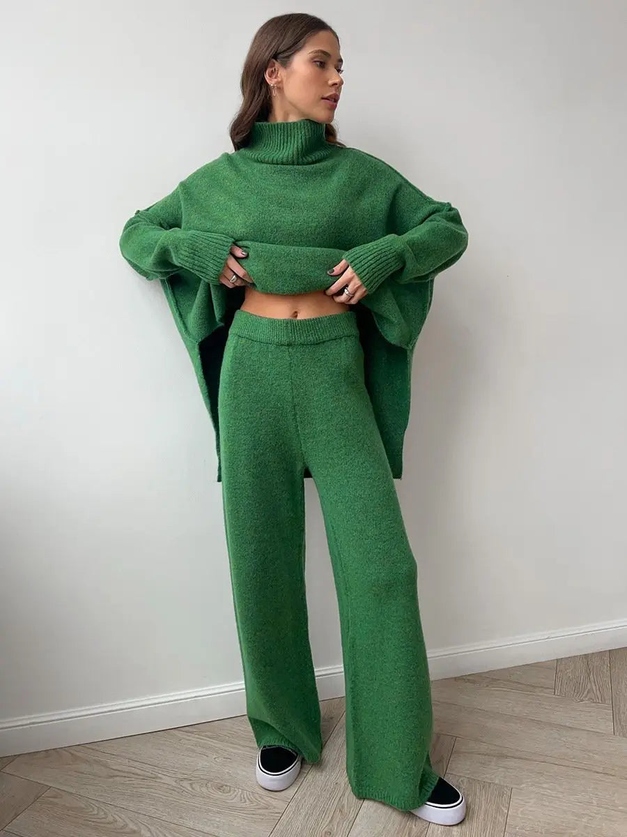 Matching women's turtleneck lounge set, a comfortable two-piece with relaxed fit and wide-leg pants.